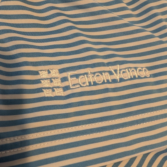 FootJoy Mens L Polo, Lt Blue/White Stripe with "Eaton Vance" Sleeve Embroidery - Picture 5 of 5